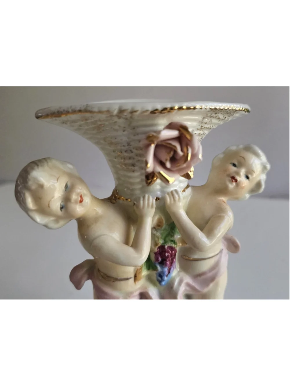 Porcelain Double Cherub Figural Vase Basketweave Grapes & Rose Gilt 6.25